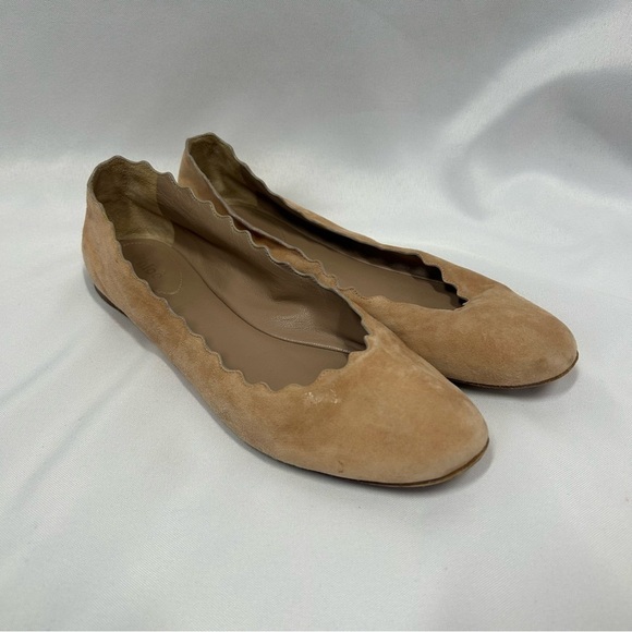 Chloe | Suede Nude Tan Flats Scalloped Women’s Size 39.5 - Picture 1 of 10